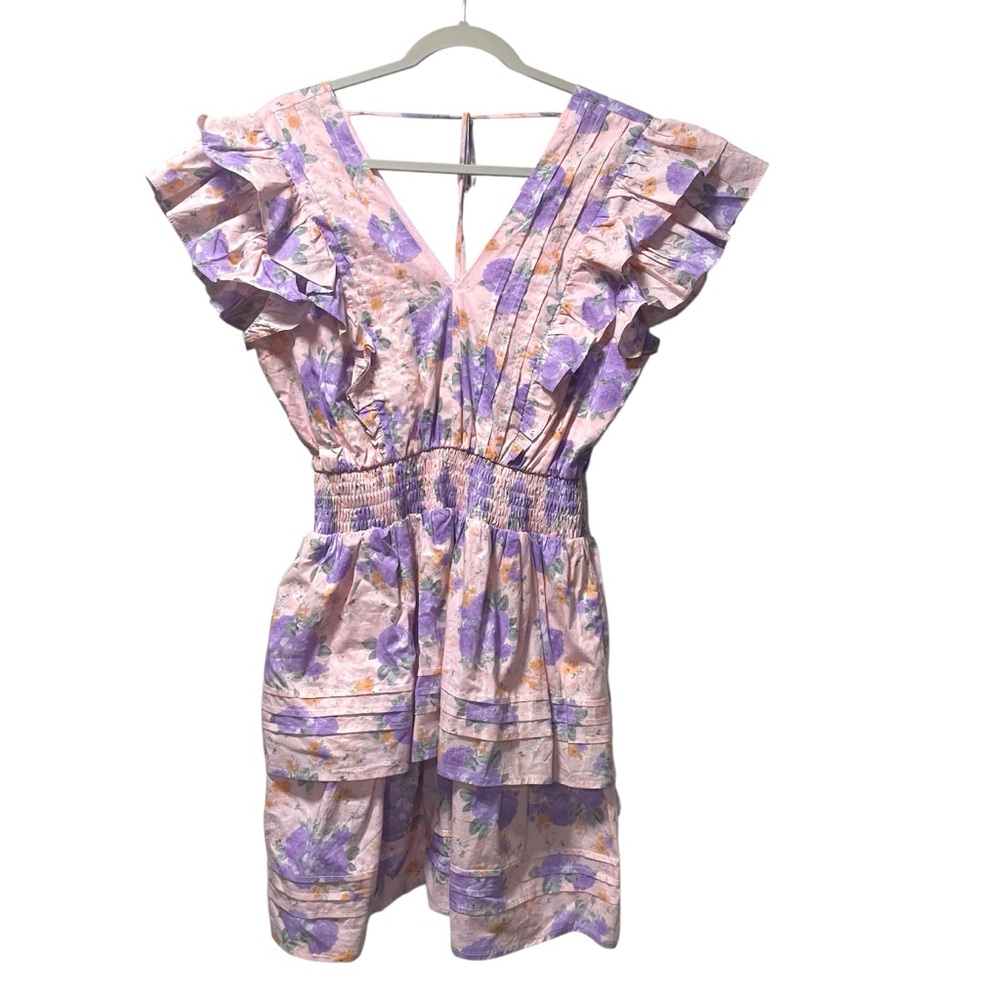 Pinch Women‎ Pink Purple Floral Ruffle Smocked Cotton Mini Dress 4096D Large